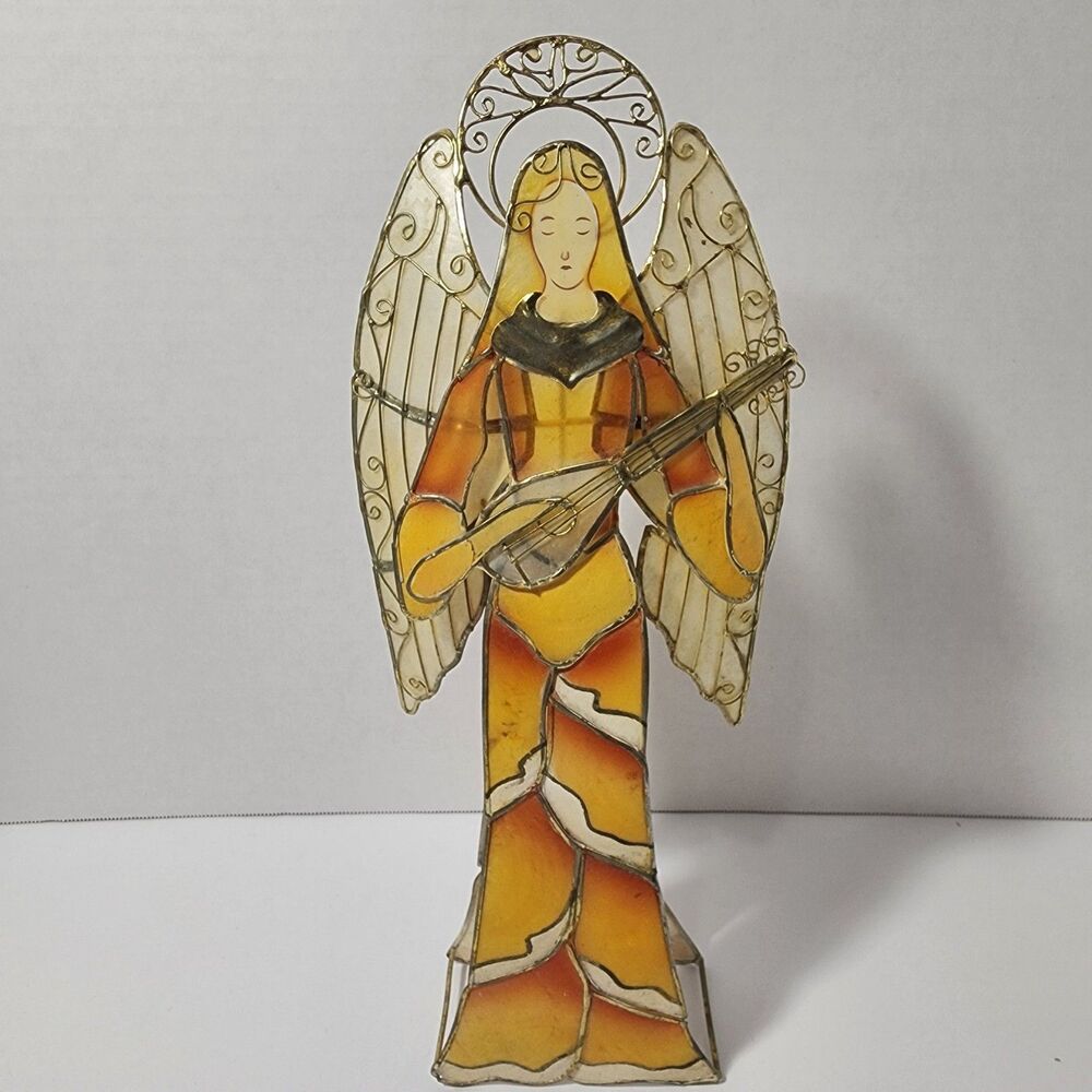Rare Christmas Angel Tea Light Candle Holder Ornate Capiz Shell Brass Wire 11"